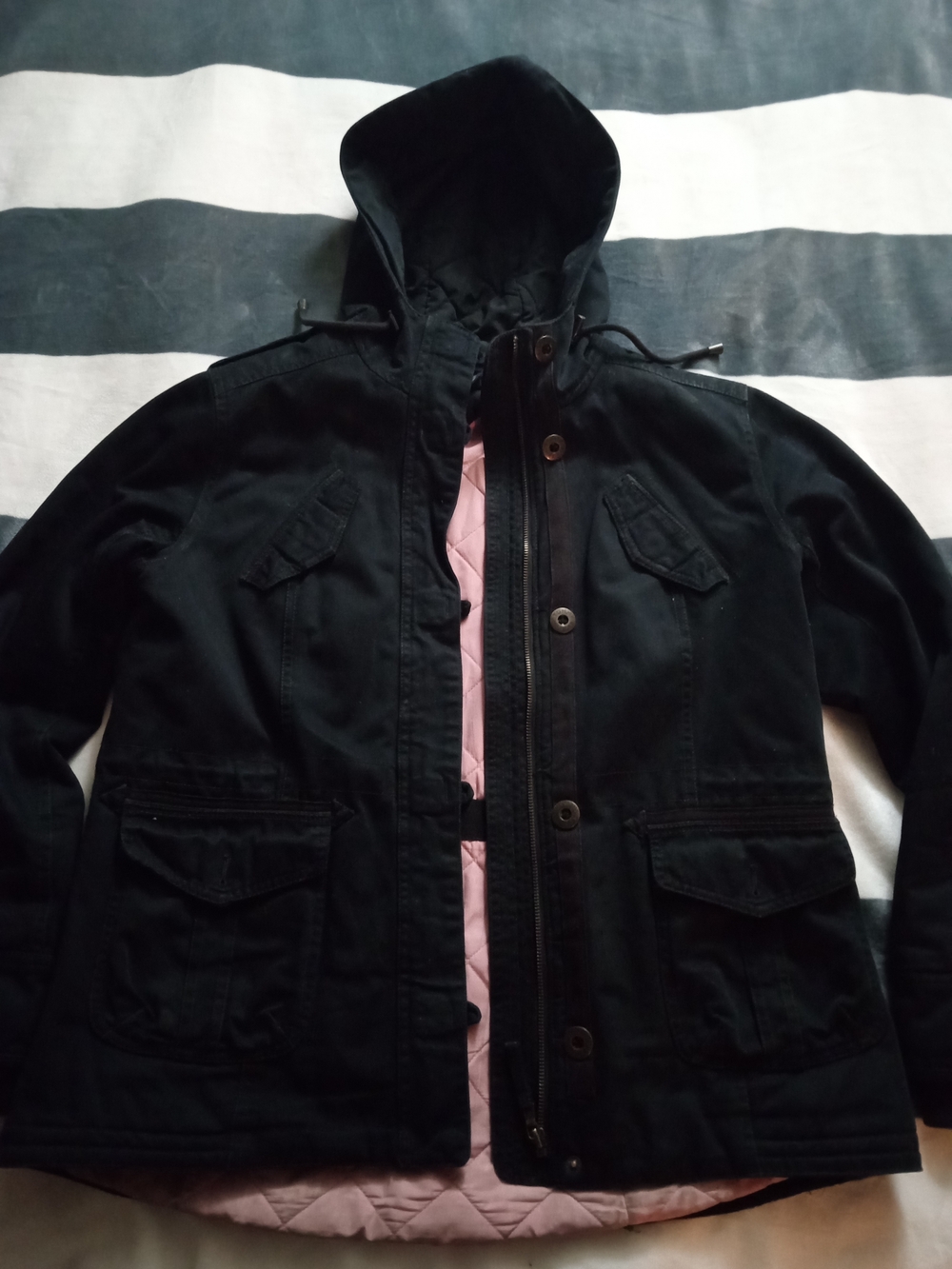 Tommy Hilfiger Black Military-Style Hooded Field Jacket with Pink Lining
